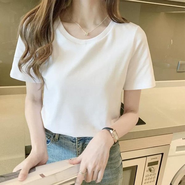 Nueva Camiseta De AlgodóN Puro De Manga Corta Con Hombro Descubierto Para Mujer Simple Y VersáTil Top Reductor De Edad Adelgazante En Verano 4XL White-image