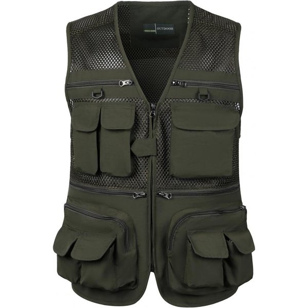 Chaleco Cargo De Hombre Cuello En V Sin Mangas Cremallera Solapa Chaleco Abrigo Color SóLido Puntada De Malla MúLtiples Bolsillos Viajes De Pesca Uso PráCtico L-image
