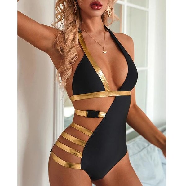 Traje De BañO Sexy De Una Pieza Para Mujer, Bikini Acolchado Sin Espalda, Traje De BañO Monokini Con CinturóN XL Negro-image