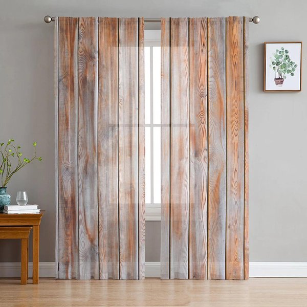 Tablones Shabby Retro Madera MarróN Cortinas TraslúCidas Sala De Estar Ventana Cortinas De Tul Para Dormitorio Cocina DecoracióN Del Hogar Cortinas Voile W135 X H115Cm X1&Grommet Top-image