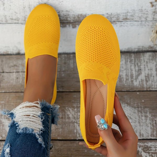 PłAskie OkrąGłE Noski Dzianinowe Buty, Damskie Jednokolorowe Wsuwane Buty Do Chodzenia Z Siateczki, OddychająCe Obuwie Codzienne 42 żółTy-image