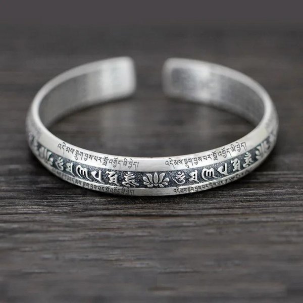 Pulsera De Flor De Loto Tallada Sutra Del CorazóN Prajnaparamita Seis Caracteres Palabras Verdaderas Brazaletes Vintage Anchos JoyeríA-image