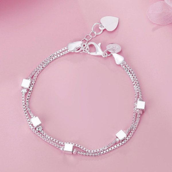 Pulsera De Cuentas Cuadradas Con Cadena De Caja De Tres Capas De Plata 925 Chapada En Estilo Europeo Y Americano White-image