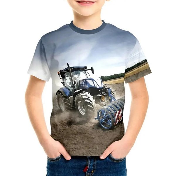 Fajna Koszulka ChłOpięCa Z Nadrukiem Traktora 3D Odzież DziecięCa T-Shirt KróTki RęKaw Modna Letnia Odzież DziecięCa Odzież Dla Aktywnych Dzieci Na ZewnąTrz 110-image