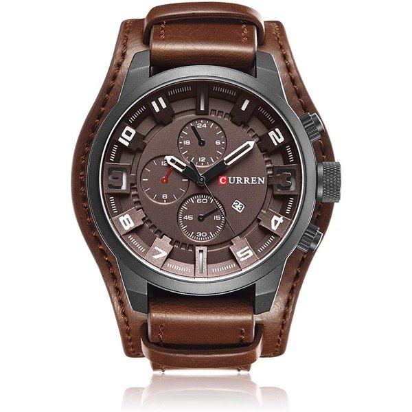 Curren 8225 Reloj De Cuarzo A La Moda Reloj Para Hombre Calendario De Primeras Marcas Correa De Cuero Negocios Militar Doble MarróN-image