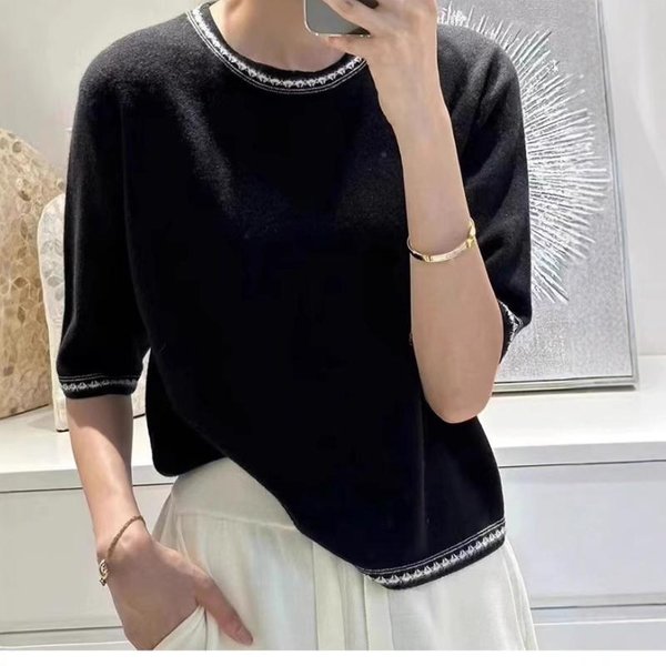 Dzianinowy T-Shirt Z KróTkim RęKawem Damski Wiosna I Lato Nowy Modny I Elegancki Wszechstronny T-Shirt Kontrastowy Styl Podkoszulek Top XXL Gray-image