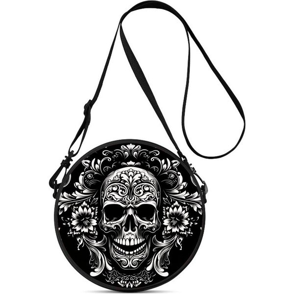Bolso Redondo Hombro Calavera Rosa Bolso Mensajero Casual Para Mujer Mejores Regalos Bolso Cruzado De Dibujos Animados Planos 2D Black-image