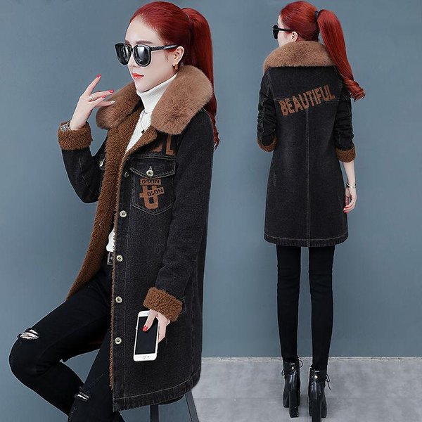 Chaqueta Vaquera De OtoñO E Invierno Para Mujer Con Terciopelo Espesante, Slim, Largo Medio, Parka Vaquera, Abrigo Flocado Con Cuello De Piel Desmontable XL Negro-image