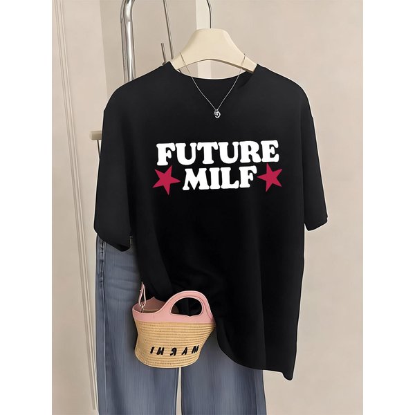 Camiseta Con Estampado De Letras Future Milf Para Mujer, Camisetas Suaves Casuales, Tops Holgados De Manga Corta Con Cuello Redondo, Ropa De Verano CóModa Para Mujer 2XL Black-image