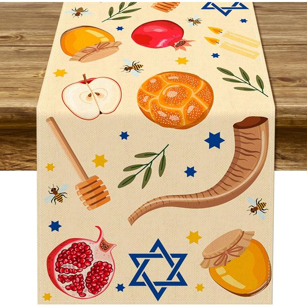Camino De Mesa De Lino Para Rosh Hashaná Decoraciones Para Fiestas De Vacaciones Shana Tova AñO Nuevo JudíO Caminos De Mesa DecoracióN De Mesa De Cocina Y Comedor 150X33Cm-image