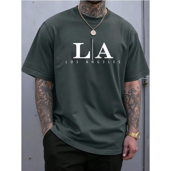 MęSka Modna Koszulka Casual Z OkrąGłYm Dekoltem, KróTkim RęKawem I Graficznym Napisem Los Angeles Harajuku Oversize Odzież MęSka M Black-image
