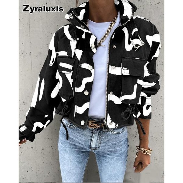 Jesień Zima Nowa Damska Moda Drukowana KróTka Casualowa Kurtka Top L White-image