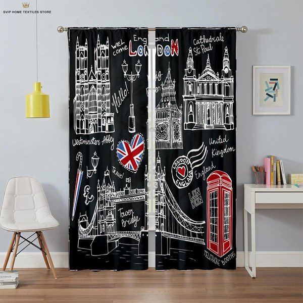 AmerykańSkie Retro Czarno-BiałE Miasto Budynek Autobus Drukowane W 3D ZasłOny, Odpowiednie Do Sypialni, Salonu, Gabinetu, Dekoracyjne W50X130H(Cm)X2Pcs&Rod Pocket-image