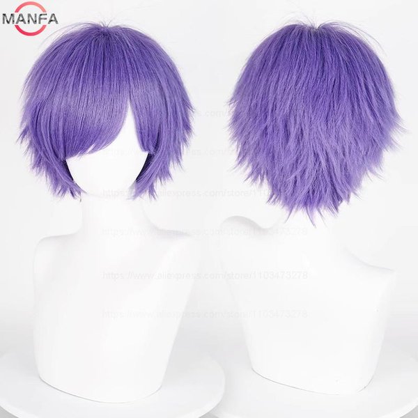 Anime 30Cm KróTka Prosta Peruka Cosplay Czarna BiałA Zielona BrąZowa Fioletowa Niebieska Szara Czerwona ZłOta MęSka Damska Odporna Na CiepłO WłOsy Syntetyczne Purple-image