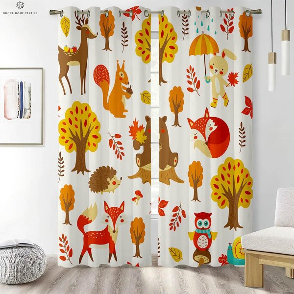 Cortinas Estampadas De Dibujos Animados De Cuidado De Animales Del Bosque Adecuadas Para Dormitorio Sala De Estar HabitacióN Infantil Cortinas Decorativas DecoracióN Del Hogar W50Xh130(Cm)X2Pcs&Rod Pocket-image