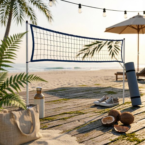Zestaw Do SiatkóWki PlażOwej ŁAtwy Do Przenoszenia Zestaw Do SiatkóWki PlażOwej SprzęT Sportowy Regulowana Wysokość DłUgotrwałY Na Trawę Na ZewnąTrz Beige-image
