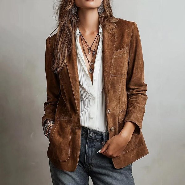 Chaqueta De Ante Europe Americ Para Mujer Cuello Solapa Un BotóN Manga Larga Abrigo Blazer Abrigo Casual Femenino Streetwear XS MarróN Oscuro-image