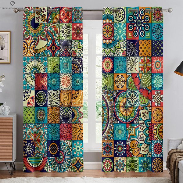 Cortinas Estampadas Con PatróN De Cuadros Bohemios, Cortinas Decorativas, Estilo Retro, Adecuadas Para Dormitorio, Sala De Estar, Cocina, Estudio W75Xh166(Cm)X2Pcs&Rod Pocket-image
