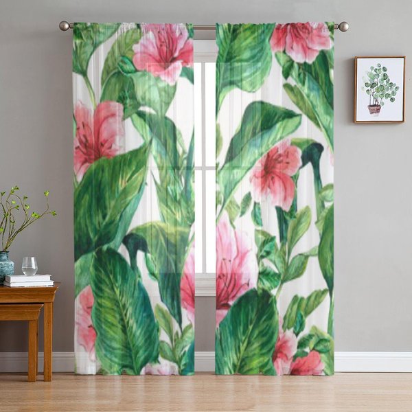 Cortinas TraslúCidas De Acuarela Con Flores ExóTicas Para Sala De Estar Tul Transparente Cortina De Ventana DecoracióN De Dormitorio Cocina Visillo 135W X 114H(Cm) Blue-image