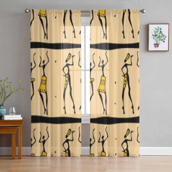 Cortinas De Tul Transparente Con Bailarines Africanos Para Sala De Estar El Dormitorio Modernas De ChifóN Voile Organza DecoracióN Cortinas 135W X 114H(Cm) Beige-image