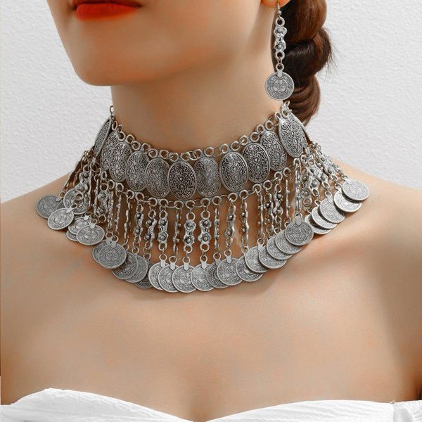 Conjunto De Collar Y Pendientes Con Forma De Gota De Moneda Retro A La Moda, Temperamento Exagerado, Borla De Moneda, JoyeríA Larga Para Mujer Brown-image