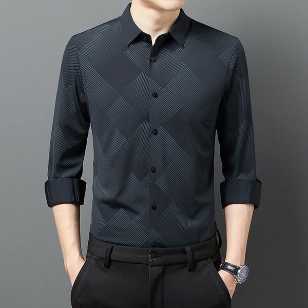 Camisa Hombre Manga Larga OtoñO Moda Casual Negocios Holgada Cuello Solapa Cuadros Camisa Top 3XL Black-image