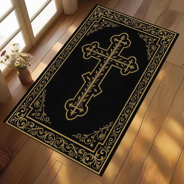 Czarno-ZłOty Ozdobny Krzyż, Drukowany Dywanik, ChrześCijańSki Religijny, Kwiatowa Bordiura, Mata PodłOgowa Do KośCiołA, WystróJ Domu 50X80CM-image