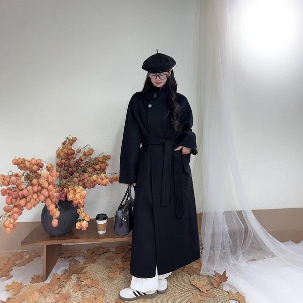 Abrigo De Cachemira De Doble Cara Para Mujer, Cuello Mao, Cintura Con Lazo, Estilo Coreano De OtoñO E Invierno, Largo Hasta La Rodilla, Holgado, De Lana S Black-image