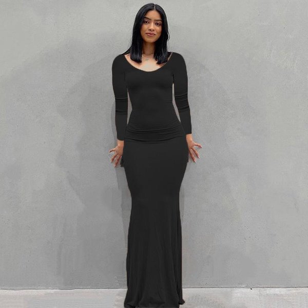 Kardashian Skims Vestido Largo Para Mujer Europeo Y Americano Vestido Largo Casual Ajuste CeñIdo Manga Larga Vestido Para Casa XS Negro-image
