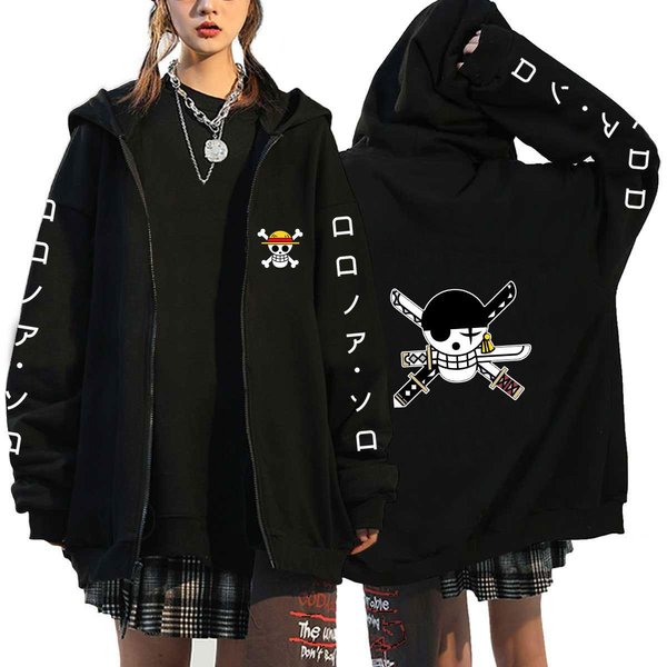 Cosplay Luffy Zoro ONE Piece Anime Bluzy MęSkie Kurtki Casual PłAszcz Z Zamkiem Harajuku Bluza Z Kapturem Unisex Cartoon Bluzy Z Nadrukiem Bluza Z Kapturem Hip Hopowa Streetwear M Black-image