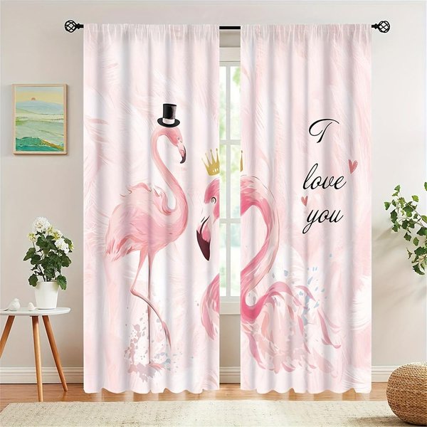 2 Piezas Lindo Animal Estampado De Flamenco Rosa Bolsillo Para Barra Cortinas Estampadas Digitalmente Para Sala De Estar Cocina Dormitorio Persianas De Ventana 135W185H(Cm)53X73In&Grommet Top-image