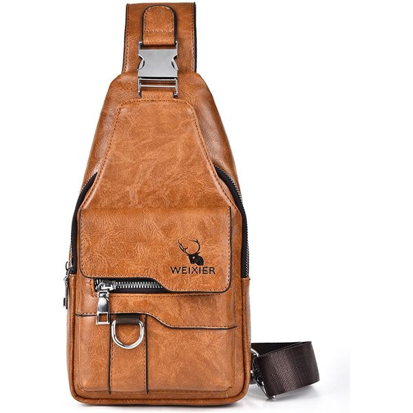 Bolso Bandolera Weixier Para Mujer Y Hombre, De Piel, Tipo Bandolera, Para El Pecho, Mochila De Viaje MarróN Claro-image