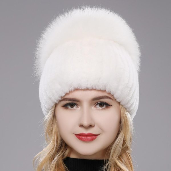 Nowa Damska Zimowa Luksusowa Prawdziwa Czapka Z Futra KróLika Rex Z Dzianiny Czapka Z Futra KróLika Rex Top Czapka Z Naturalnego Futra Lisa Czapka Z Prawdziwego Futra Lisa Good Elastic BeżOwy-image