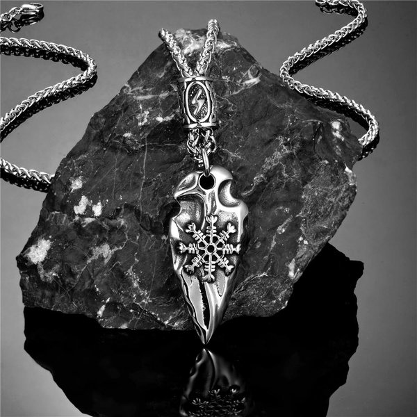 MitologíA NóRdica Lanza Gungnir Collares Escudo Vikingo Hombre Acero Inoxidable Amuleto Autodefensa Runa Vegvisir JoyeríA Escandinava 60CM Gray-image
