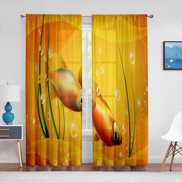Estanque Pez Dorado Flores Hojas Cortina Transparente Colorida Para Sala De Estar Dormitorio Visillo Cortina De Tul Para Ventana De Cocina DecoracióN Del Hogar 1 PCS W100Xh250Cm&Grommet Top-image