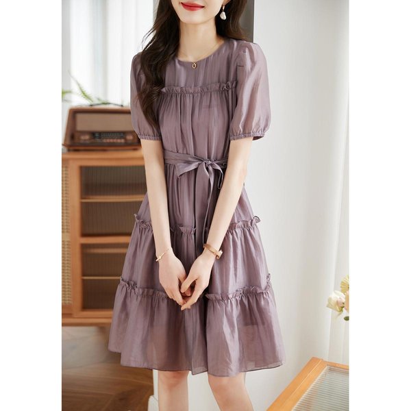 Vestido Con Volantes CeñIdo A La Cintura Estilo Veraniego Para Dama Falda Midi Para Mujer 2XL PúRpura-image