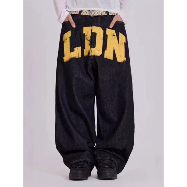 AmerykańSkie Jeansy Z Nadrukiem Liter Damskie Czarne Gotyckie Y2K LuźNe Spodnie Denimowe Moda Hip Hop Szerokie Nogawki Casual Streetwear L Czarny-image