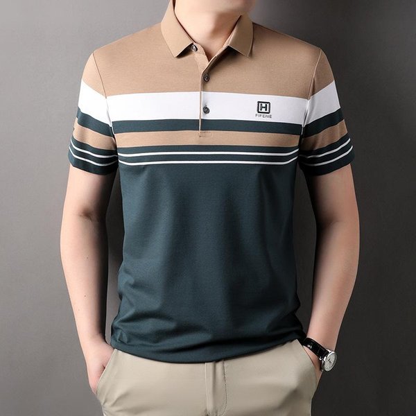Camiseta De Manga Corta Con Jersey De Moda A Rayas Para Hombre. Verano Nuevo Estilo Coreano Solapa Suelta Casual VersáTil Top De Moda Xxxxl-image