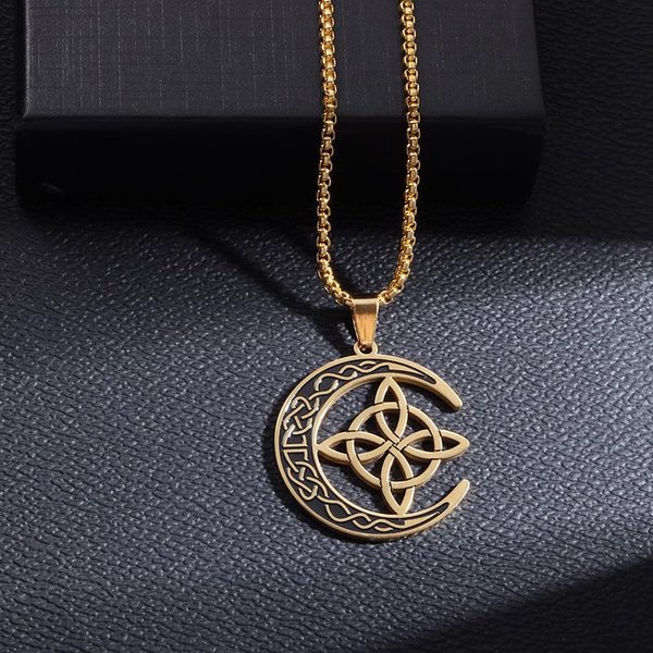 Celtycki Irlandzki WęZeł Naszyjnik Stal Nierdzewna WiedźMa KsiężYc Amulet BiżUteria Ochronna Damski Dodatek ZłOty-image