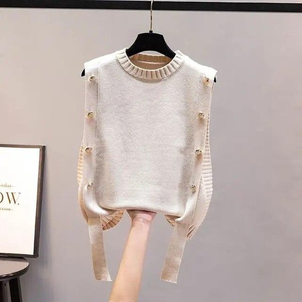 Damska Kamizelka Jesienna Odzież Wierzchnia Sweter Pulowerowy Moda Casual Damski Bez RęKawóW OkrąGłY Dekolt Dzianinowy Top One Size-image