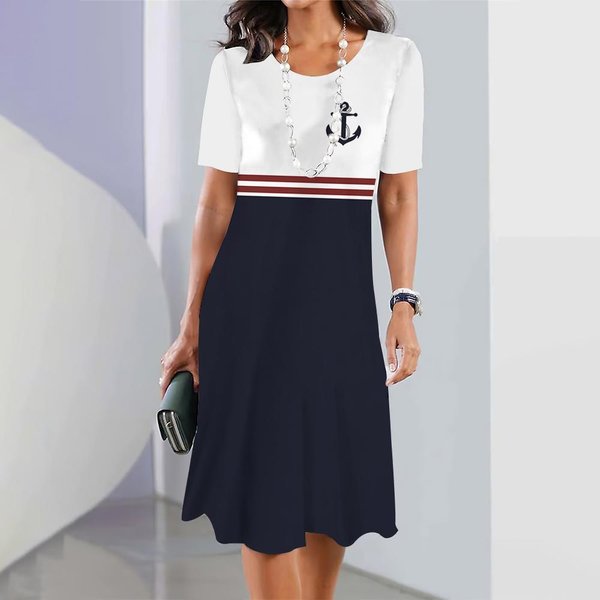 Nowe Sukienki Damskie Sukienki Midi Z Nadrukiem Kotwicy Sukienki Na Wakacje Eleganckie Sukienki Damskie Letnie Sukienki Z KróTkim RęKawem Modne Sukienki Oversize XS White-image