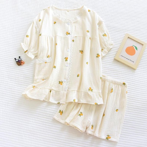 Pijama De Verano Para Mujer Nuevo Manga Corta PantalóN Corto Conjunto De Dos Piezas 100% AlgodóN Crepé Traje Femenino Lindo Fresco Ropa De Casa Talla Grande L White-image