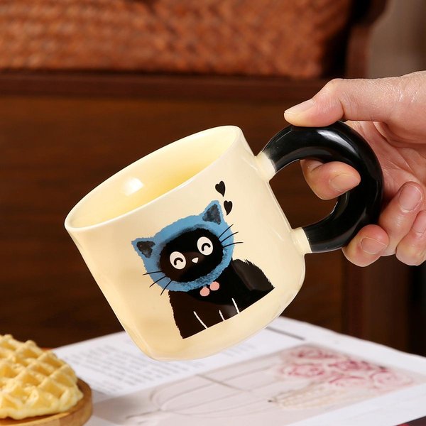 Taza De Gato DiseñO Retro Taza De Agua CeráMica Con Tapa Caja De Regalo Souvenir Taza De Alto Nivel Dibujo Animado NiñA 301-400Ml Beige-image