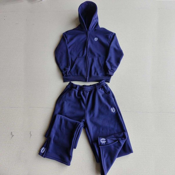 Conjunto De Dos Piezas Flowstreet: Sudadera Con Capucha Y Cremallera, Estilo Casual, Bordado, Estilo Y2K. Pantalones Deportivos Holgados De Estilo Hip-Hop Para Hombre. S Azul-image