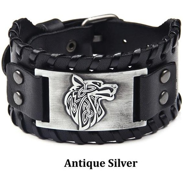 Retro Vintage SkóRzana Bransoletka MęSka Klamra Bransoletki Z Wilkiem Punkowa Bransoletka Opaska Na Nadgarstek BiżUteria MęSka Pulseras Hombre Pulseira Masculina KTJ Black-image