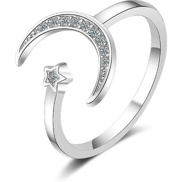 Nueva Moda Exquisito Temperamento JoyeríA De Plata De Ley 925 No AléRgica Luna Y Estrella Cristal Anillos Abiertos R223 Gray-image