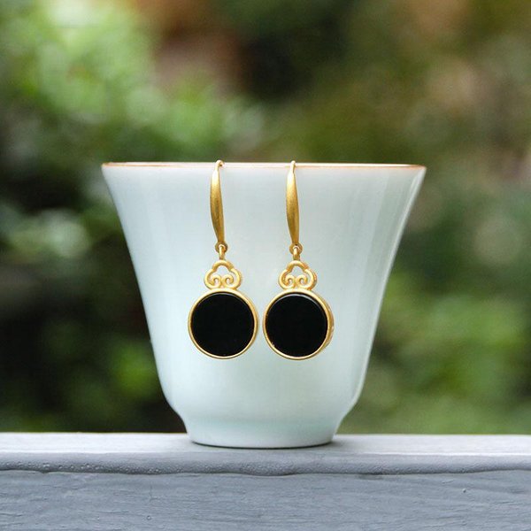 DiseñO Creativo Pendientes Redondos Espejo Con Incrustaciones De Jade Natural Hetian DiseñO De ArtesaníA En Oro Antiguo JoyeríA De Estilo Chino CláSico-image