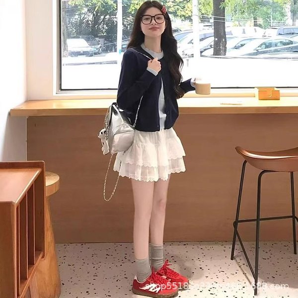 Falda Corta De Encaje Blanco Para Pastel Para Mujeres En Primavera Y Verano Dulce Cintura Alta Ajustada Encaje LíNea A Ballet Voluminosa L-image