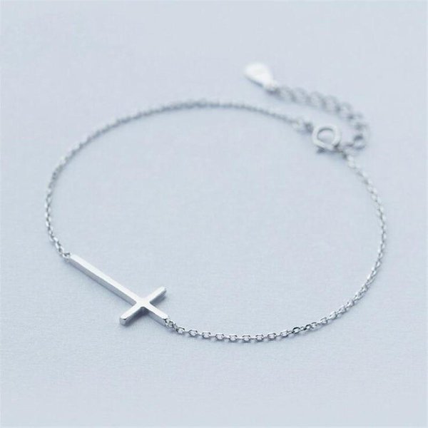 Nuevas Y Sencillas Pulseras De Plata De Ley 925 Con Forma De Cruz Brillante Para Mujer, Exquisitas Y Populares, Sl001-image