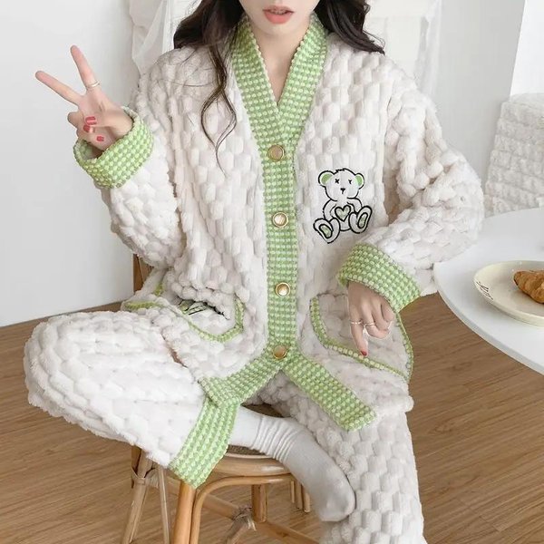 Pijama De Terciopelo Coral OtoñO Invierno Para Mujeres Embarazadas Ropa De Dormir Gruesa CáLida Postparto Lactancia Confinamiento Postparto Ropa Para El Hogar 2XL Gray-image